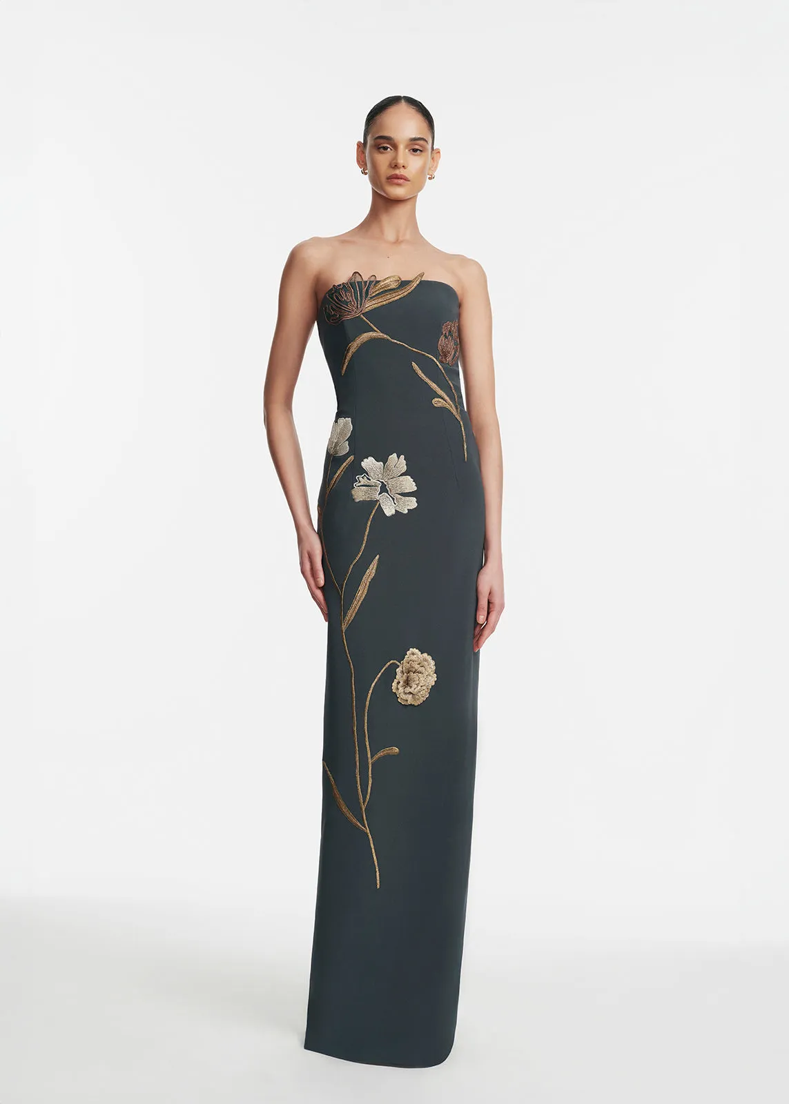 Floral Cord Embroidered Fluid Crepe Strapless Gown sold by Lela Rose