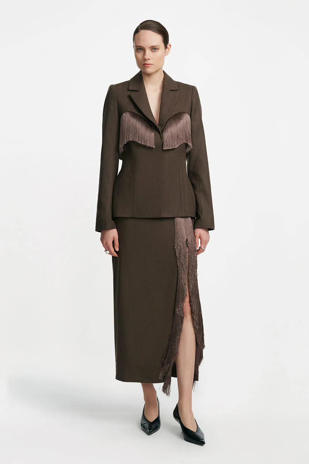 Garden Wool Fringe Detail Pencil Skirt sold by Lela Rose