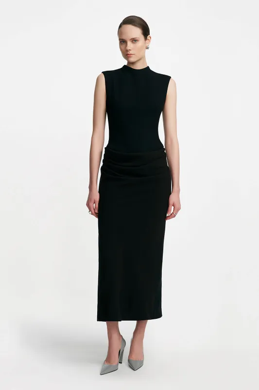 Fluid Crepe/Wool Crepe Combo Sleeveless Cummerbund Dress sold by Lela Rose