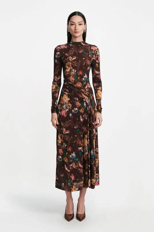 Floral Printed Jersey Long Sleeve Draped Front Dress sold by Lela Rose
