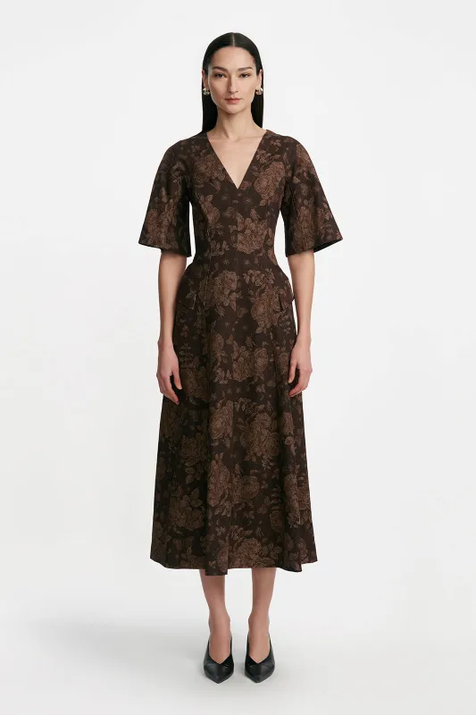 Floral Printed Denim Seamed Midi Dress sold by Lela Rose