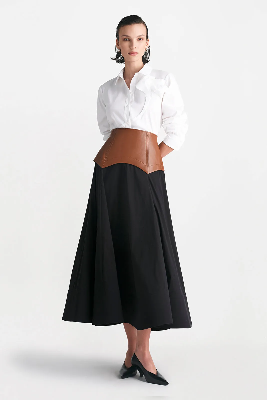 Cotton Poplin Full Skirt with Leather Waistband sold by Lela Rose