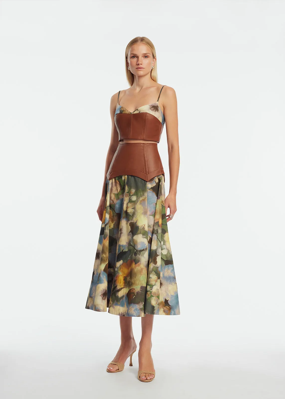 Floral Printed Cotton Leather Yoke Skirt sold by Lela Rose