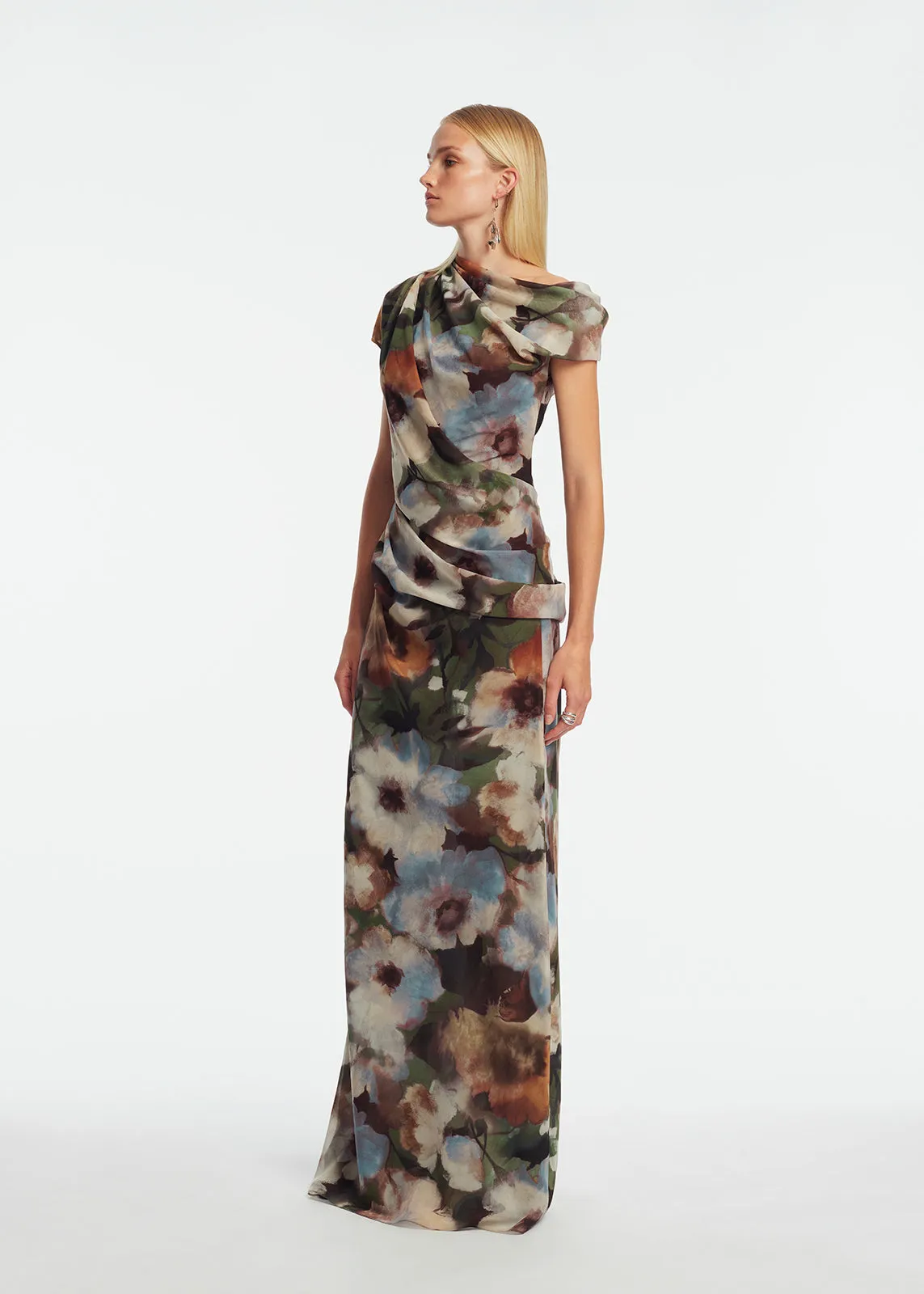 Floral Printed Chiffon Draped Column Gown sold by Lela Rose product image thumbnail 3