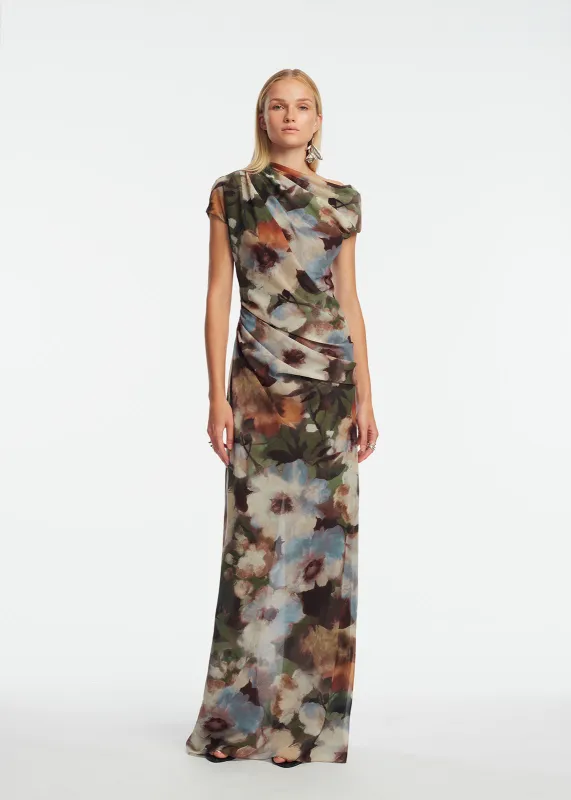 Floral Printed Chiffon Draped Column Gown sold by Lela Rose