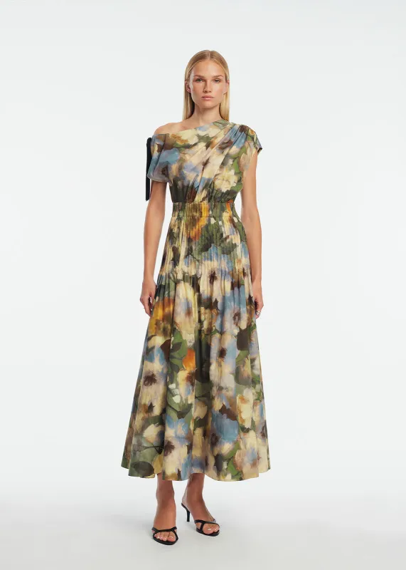 Floral Printed Cotton Draped Shoulder Pleated Dress sold by Lela Rose
