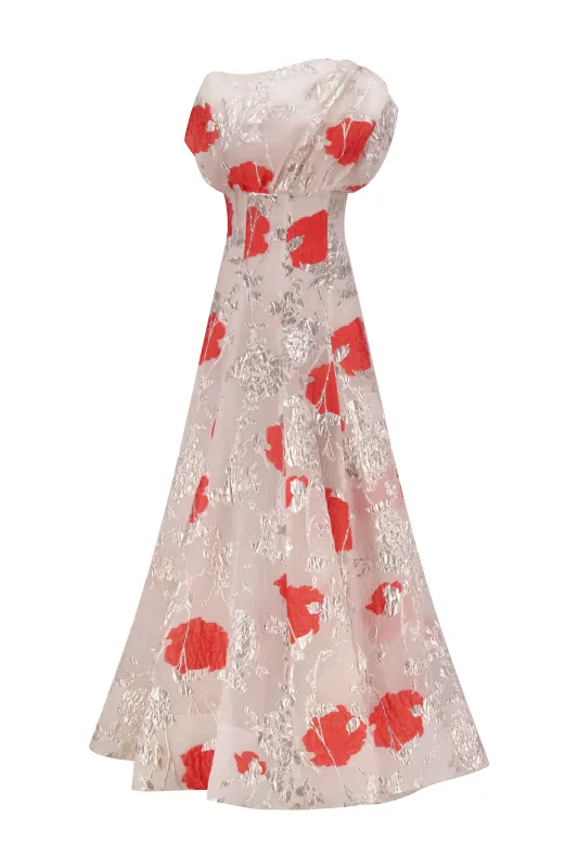 Floral Fil Coupe Draped Shoulder Pleated Gown sold by Lela Rose