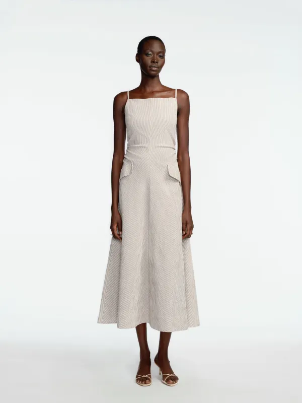 Striped Seersucker Tucked Midi Dress made by Lela Rose