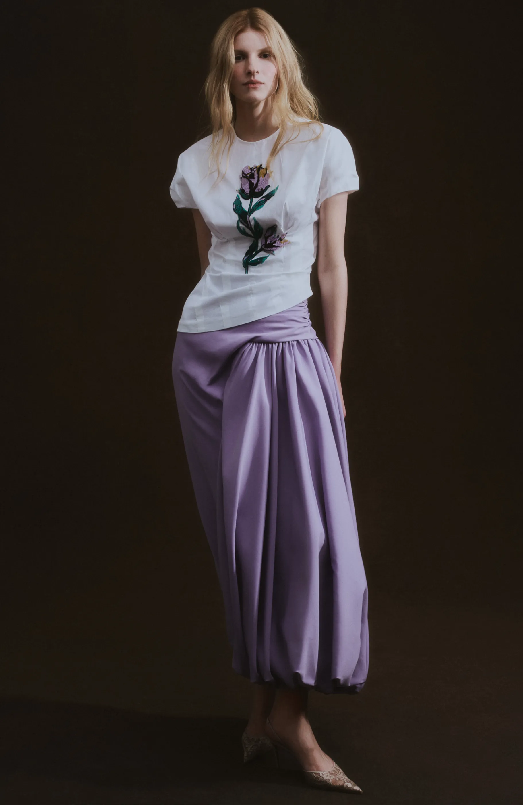 Floral Bead Embroidered Cotton Poplin Bubble Sleeve Top sold by Lela Rose product image thumbnail 2