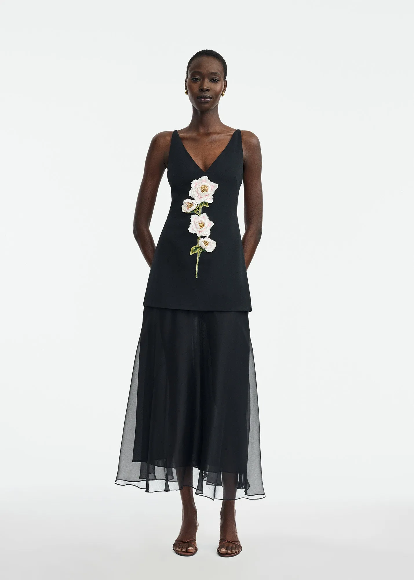 3D Peony Embroidered Faille V-Neck Dress sold by Lela Rose
