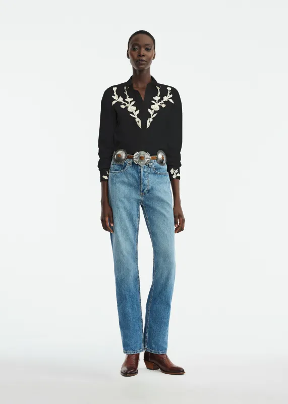 Leather Floral Embroidered Cotton Poplin Shirt made by Lela Rose