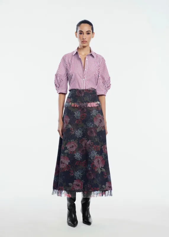 Floral Denim Fringe Detail Skirt made by Lela Rose