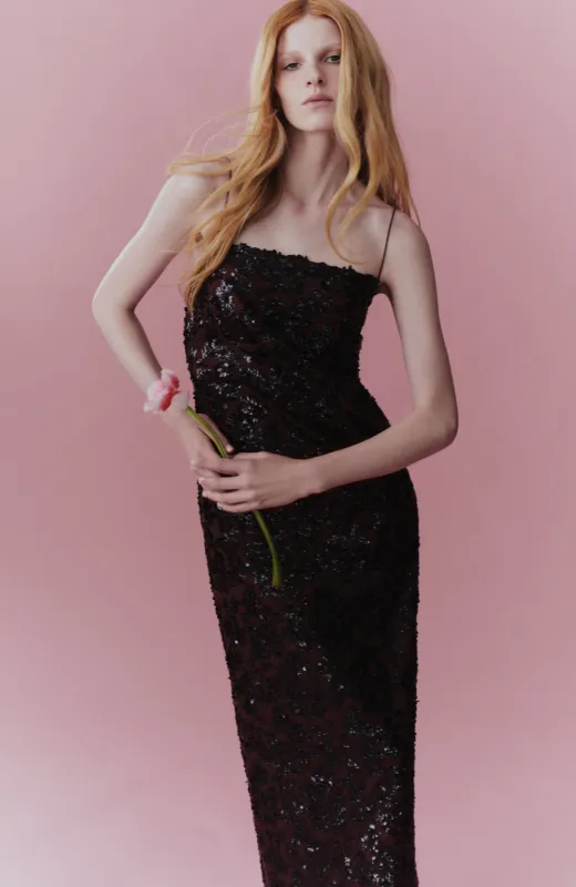 Sequin Embroidered Twill Slip Dress made by Lela Rose