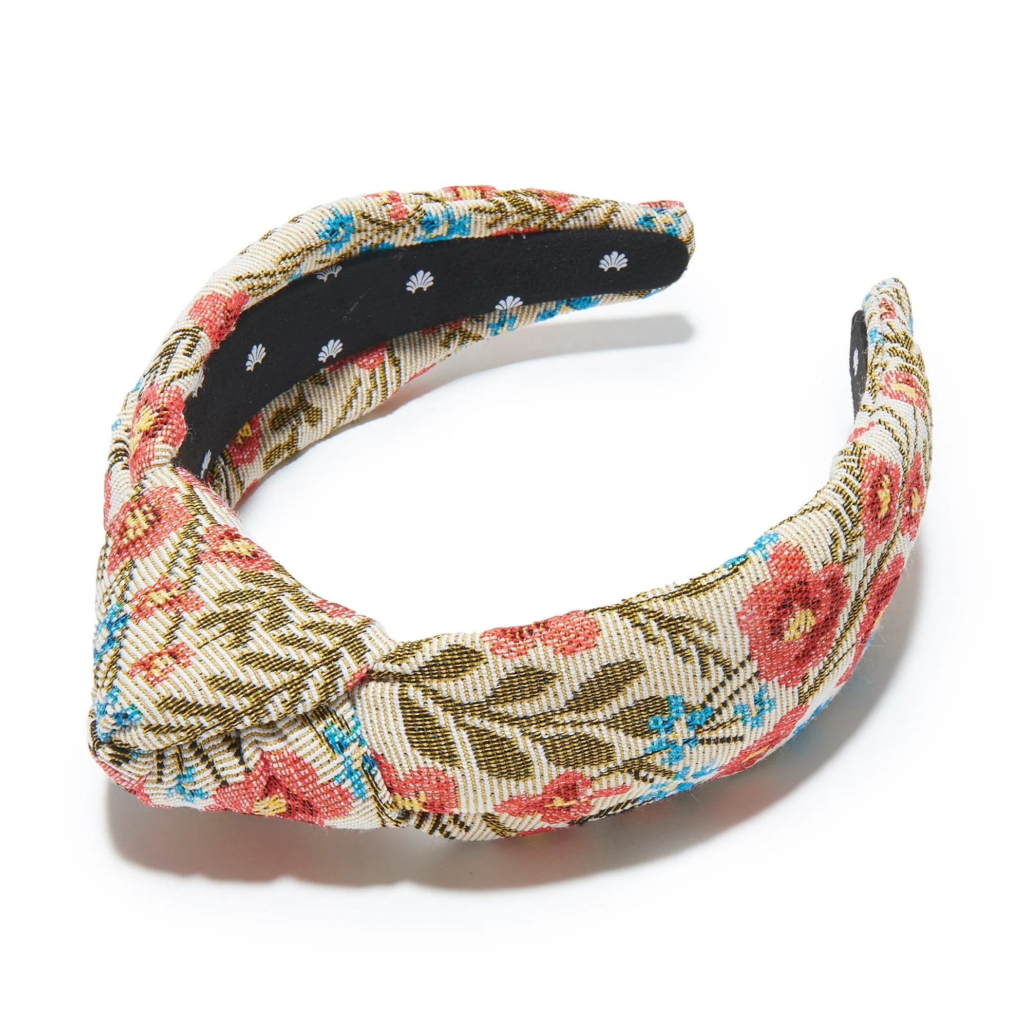 CORAL FLORAL BROCADE KNOTTED HEADBAND sold by Lele Sadoughi