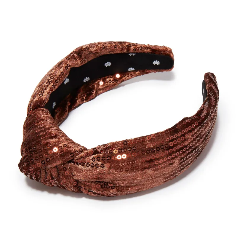 CHOCOLATE SEQUIN VELVET KNOTTED HEADBAND sold by Lele Sadoughi