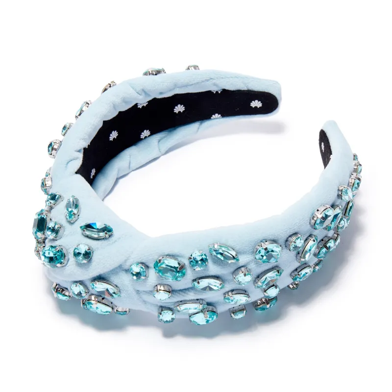 MARCH AQUAMARINE GLITTERING CRYSTAL VELVET KNOTTED HEADBAND sold by Lele Sadoughi