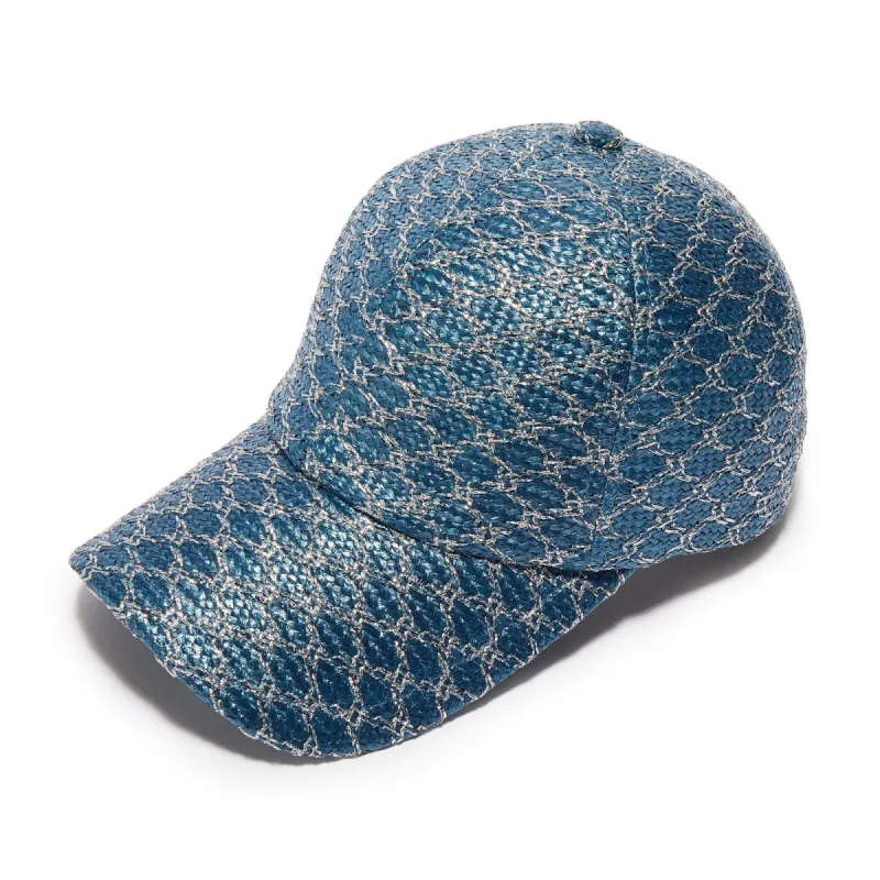SPARKLING NAVY RAFFIA BASEBALL CAP sold by Lele Sadoughi