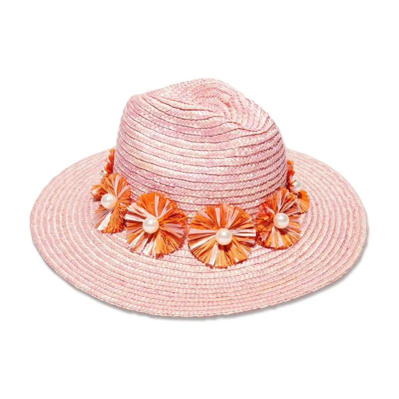 CORAL SUNSET CONFETTI EMBELLISHED STRAW HAT sold by Lele Sadoughi
