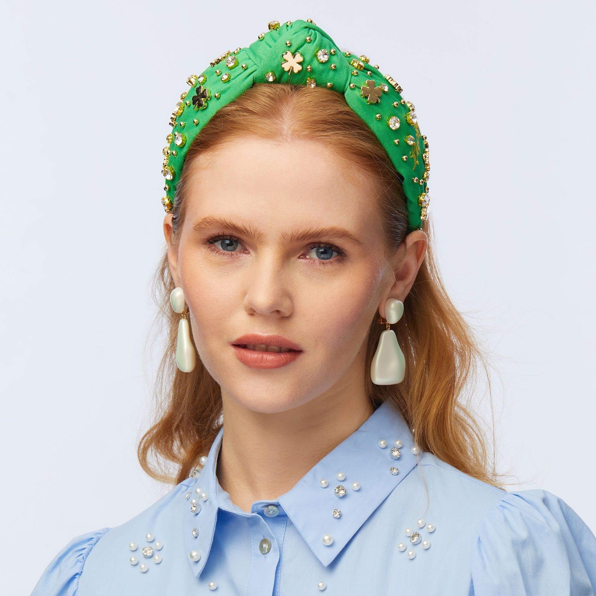 CLOVER GREEN EMBELLISHED SHAMROCK KNOTTED HEADBAND sold by Lele Sadoughi product image thumbnail 4
