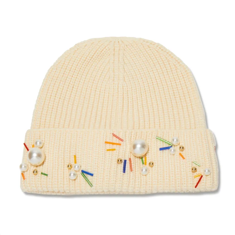 IVORY RAINBOW PEARL CONFETTI BEANIE made by Lele Sadoughi