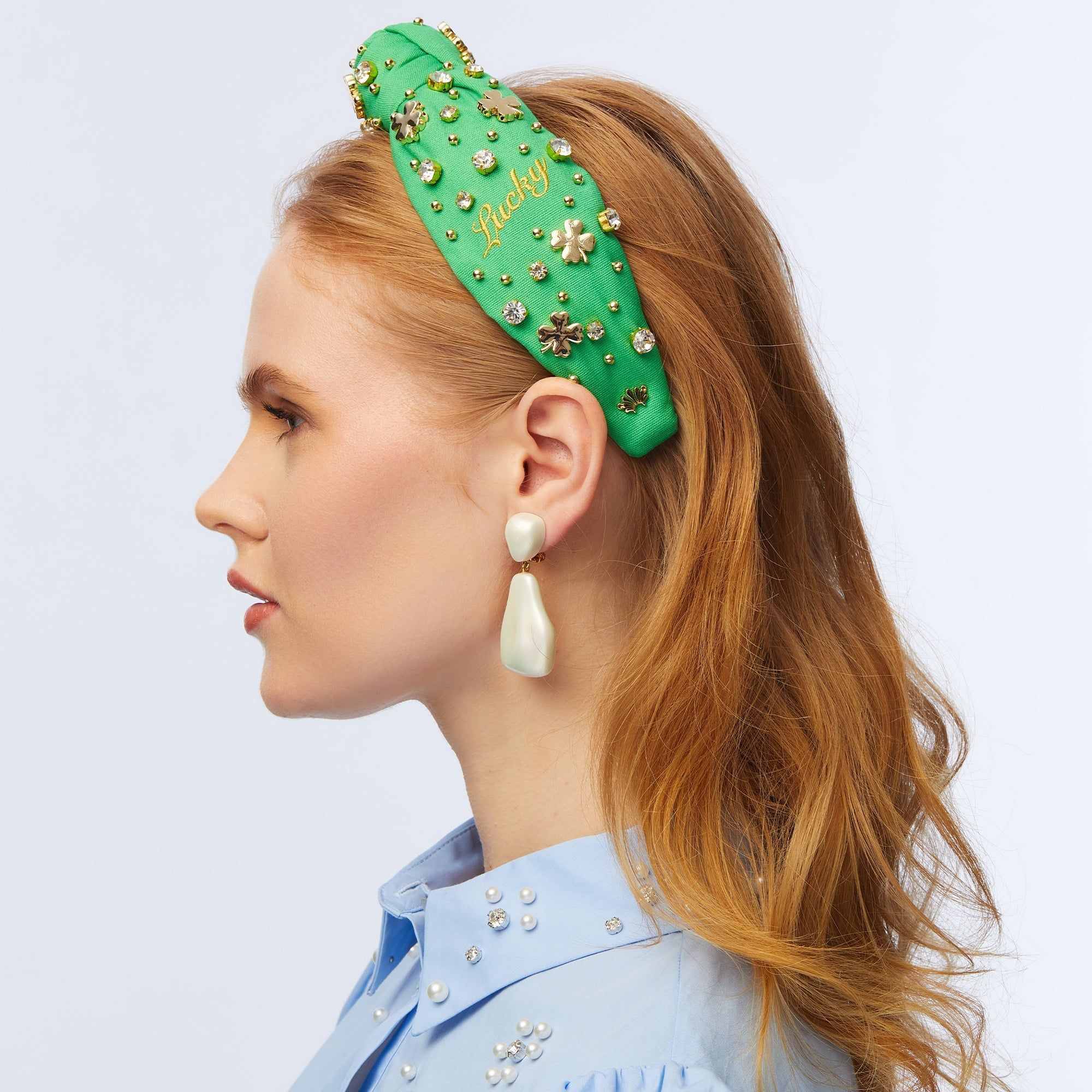 CLOVER GREEN EMBELLISHED SHAMROCK KNOTTED HEADBAND sold by Lele Sadoughi product image thumbnail 2