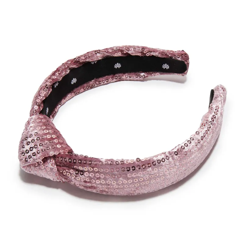 DUSTY ROSE SEQUIN VELVET SLIM KNOTTED HEADBAND sold by Lele Sadoughi