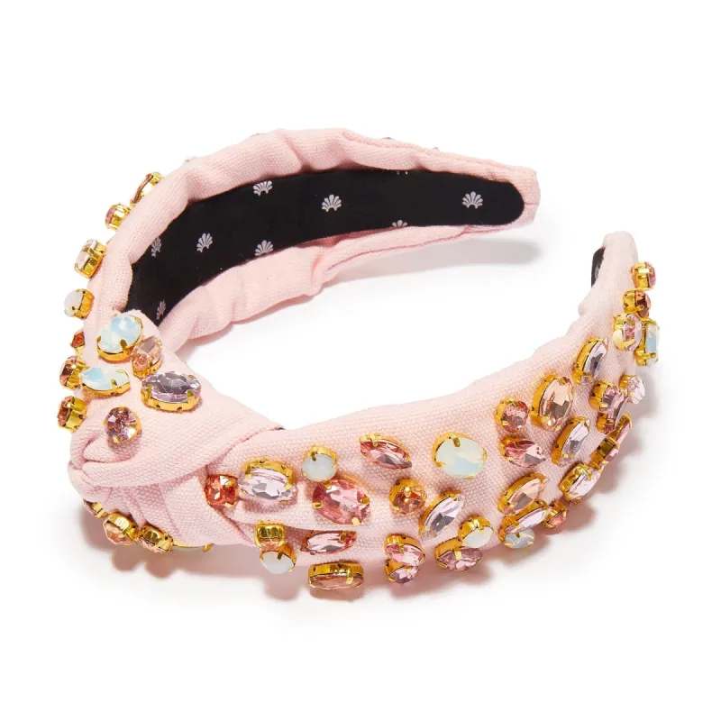 SHELL PINK GLITTERING CRYSTAL WOVEN KNOTTED HEADBAND sold by Lele Sadoughi