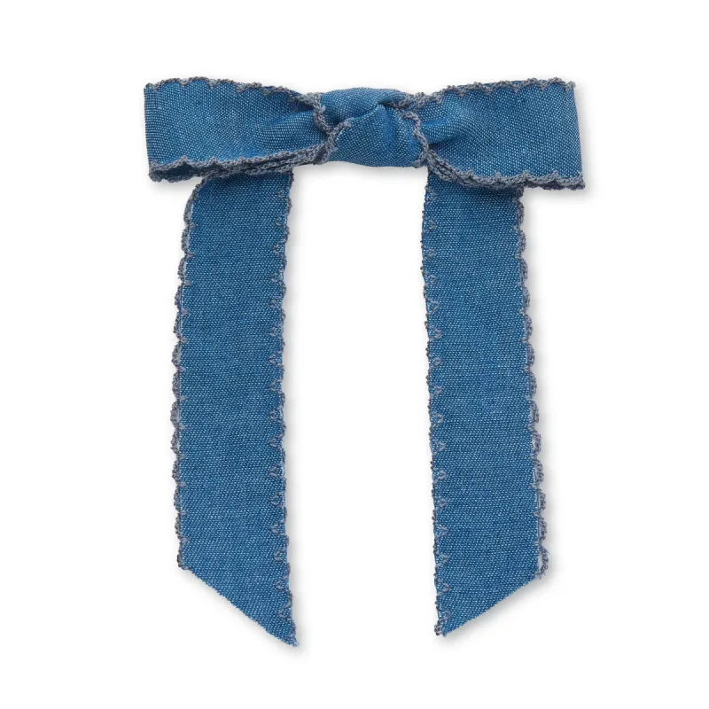 DENIM BARDOT SCALLOPED EDGE BOW BARRETTE sold by Lele Sadoughi
