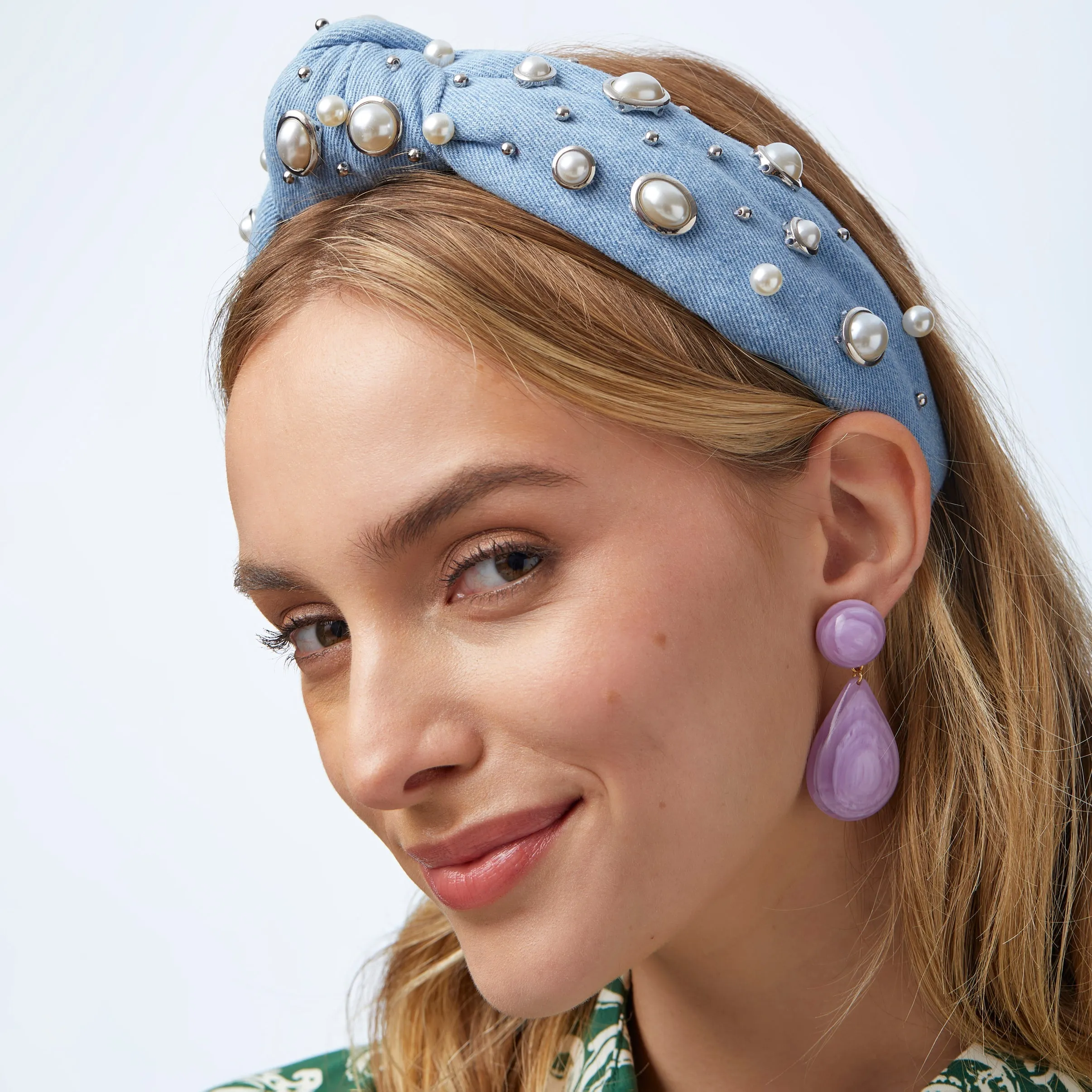 lele sadoughi headband LIGHT DENIM GEM BEZEL DENIM ALICE HEADBAND CRYSTAL ALICE HEADBAND | Bella Bridesmaids main image 3