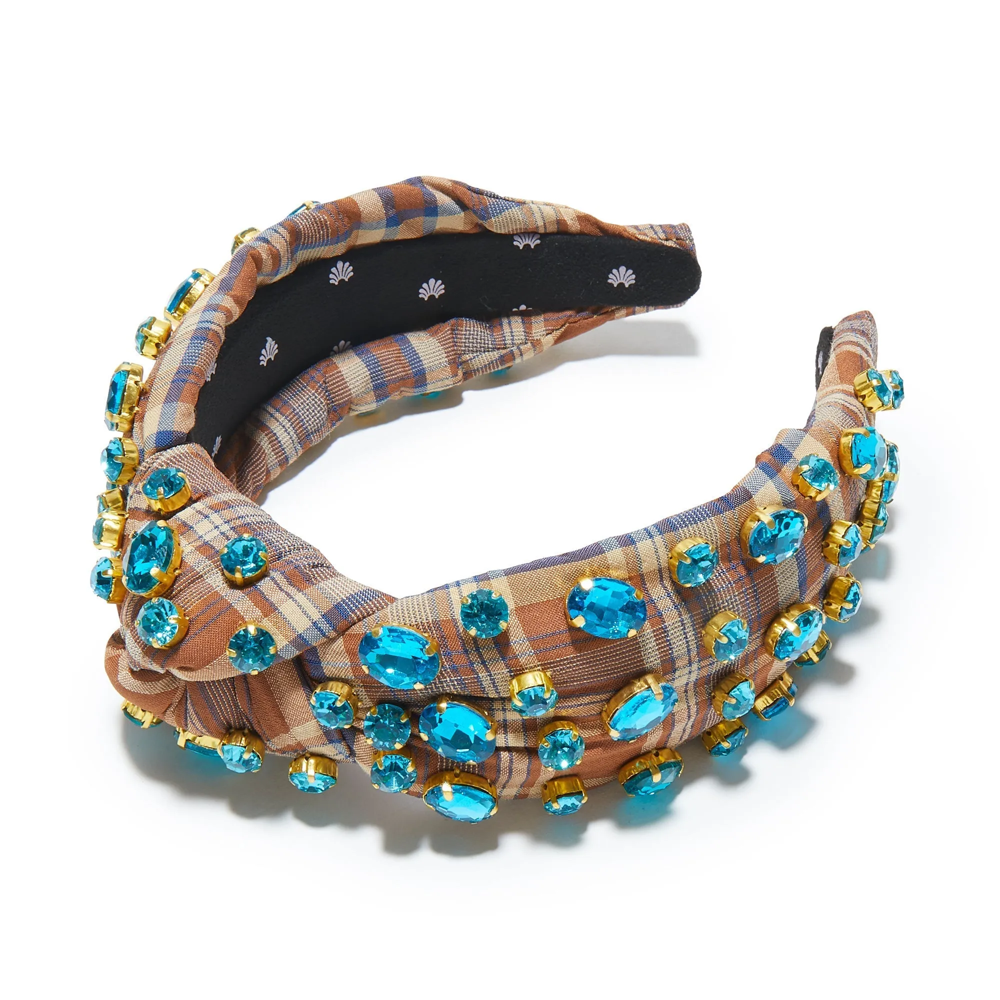 AQUA BLUE PLAID EMBELLISHED KNOTTED HEADBAND sold by Lele Sadoughi