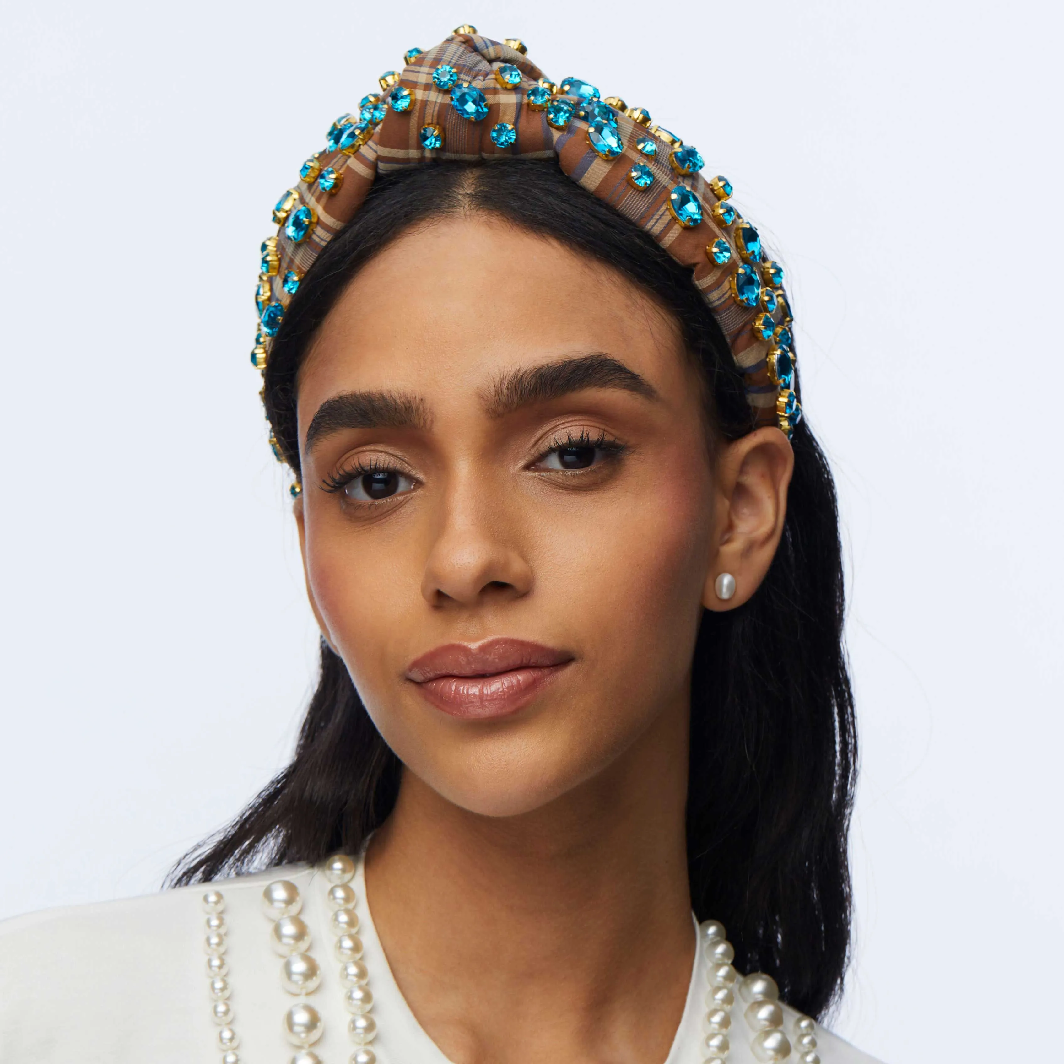 AQUA BLUE PLAID EMBELLISHED KNOTTED HEADBAND sold by Lele Sadoughi product image thumbnail 2