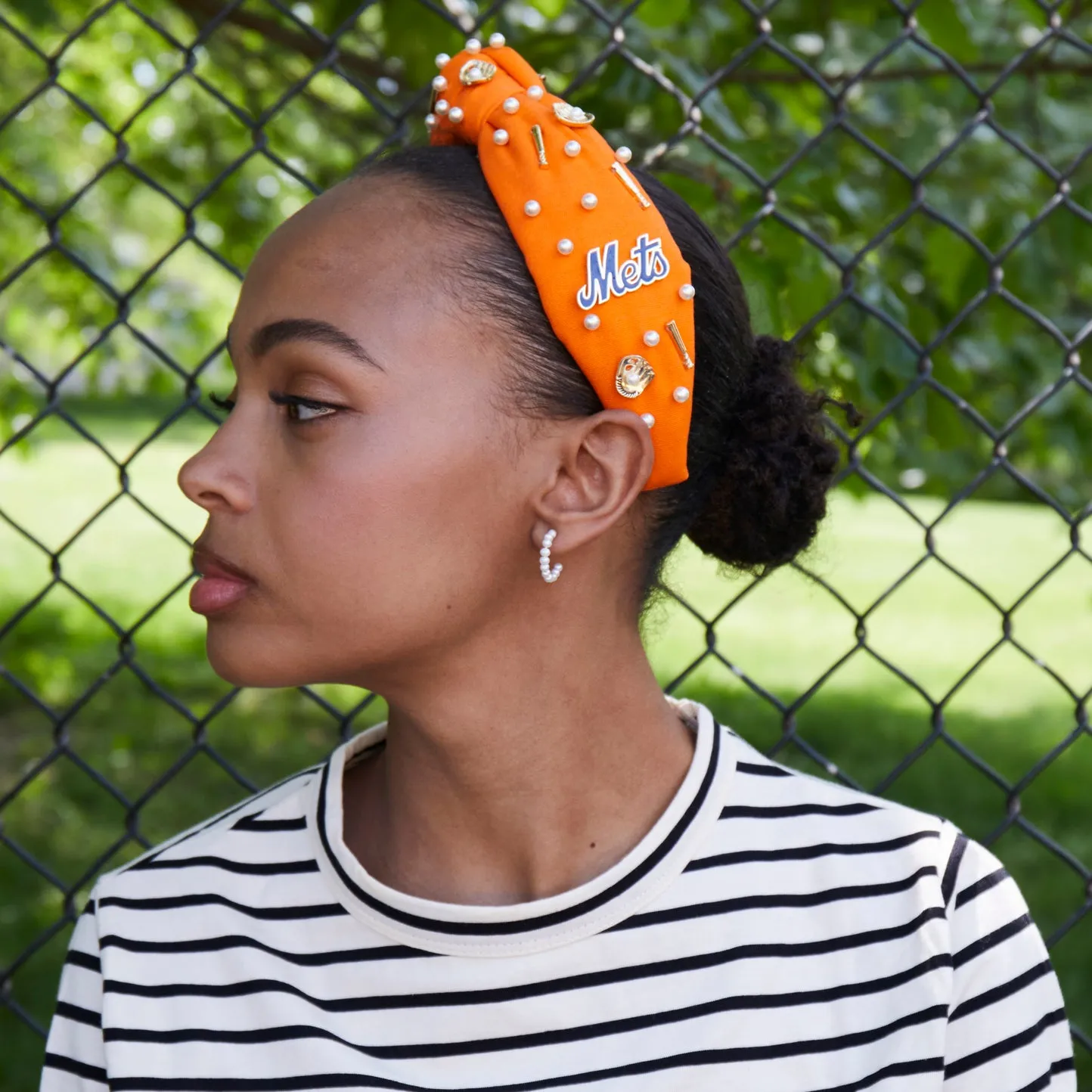 NY METS LELE SADOUGHI / MLB ORANGE EMBELLISHED KNOTTED HEADBAND sold by Lele Sadoughi product image thumbnail 2