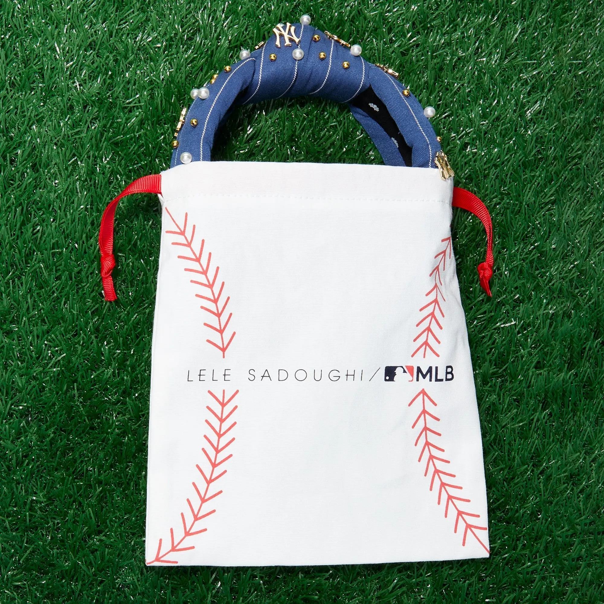 NY METS LELE SADOUGHI / MLB ORANGE EMBELLISHED KNOTTED HEADBAND sold by Lele Sadoughi product image thumbnail 5