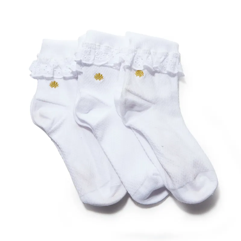 WHITE SET OF 3 CINDY RUFFLE SOCKS sold by Lele Sadoughi