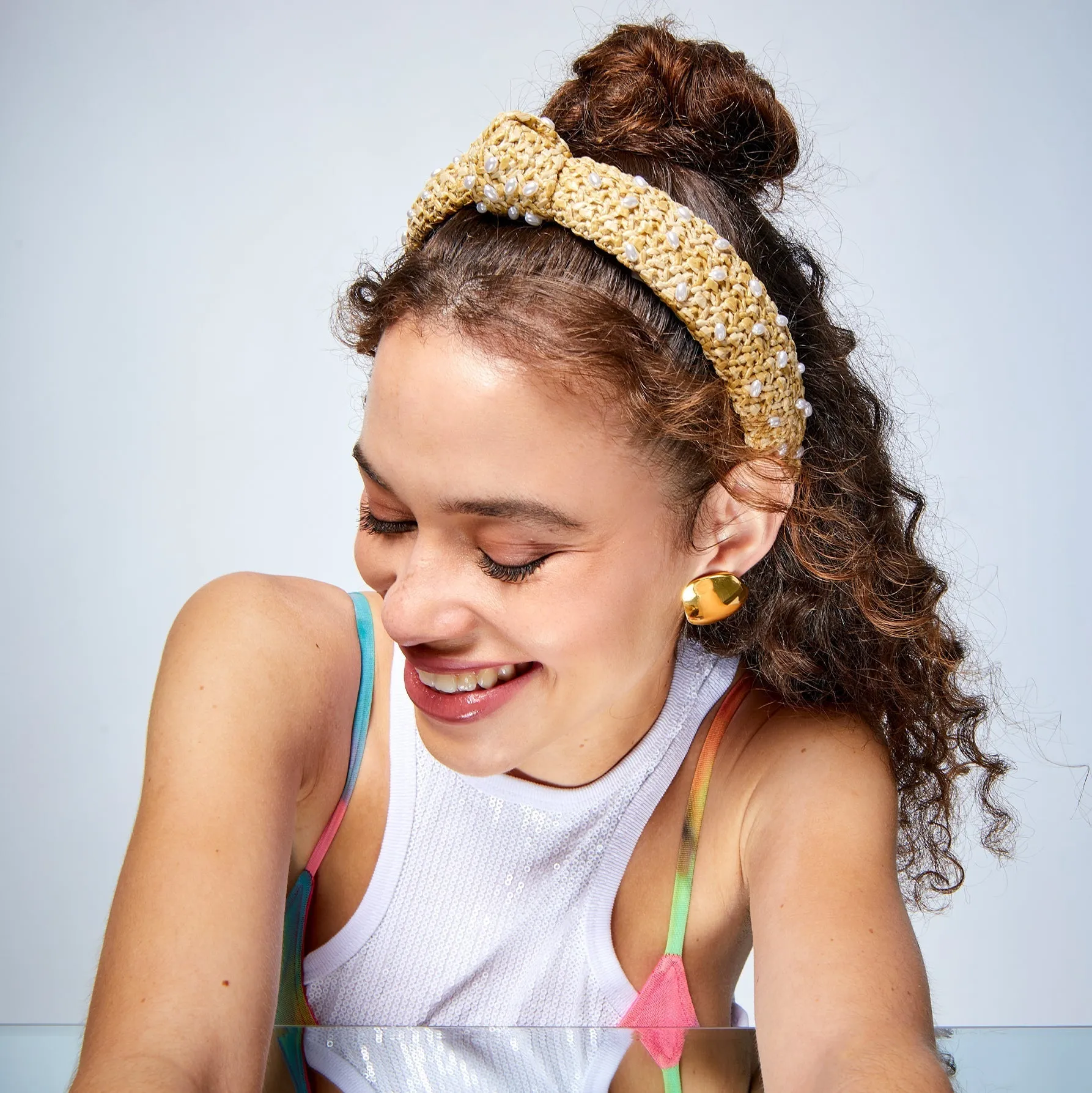 NATURAL PEARL EMBELLISHED RAFFIA SLIM KNOTTED HEADBAND sold by Lele Sadoughi product image thumbnail 2