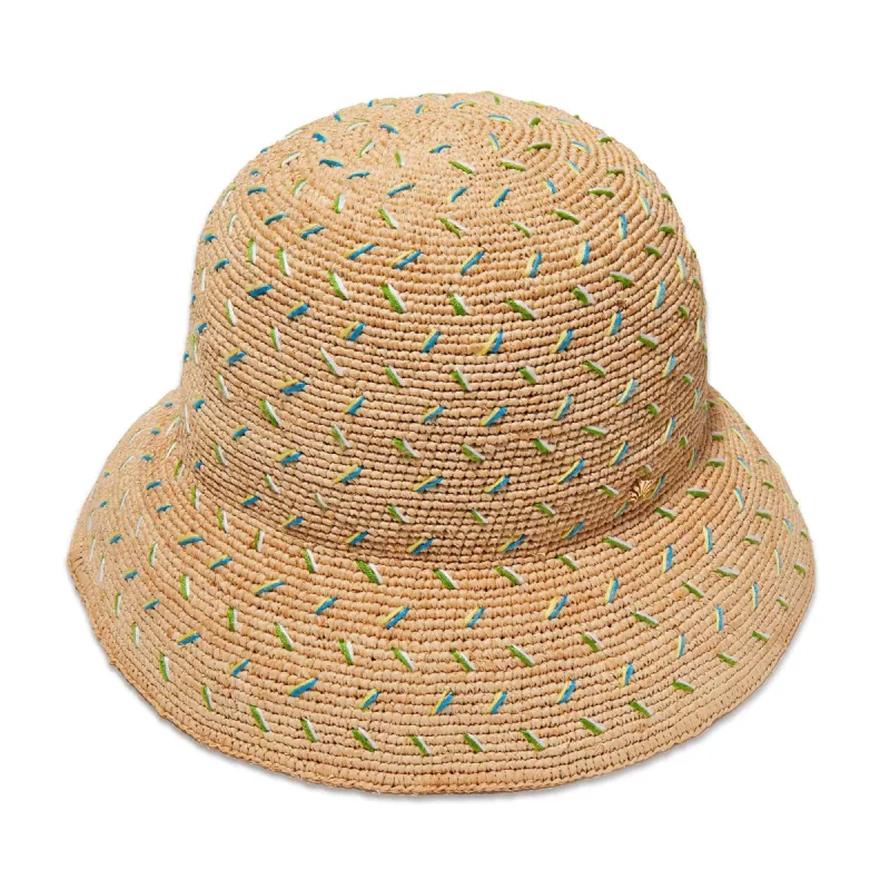 SAND FLECK EMBROIDERED ROUND RAFFIA BUCKET HAT sold by Lele Sadoughi