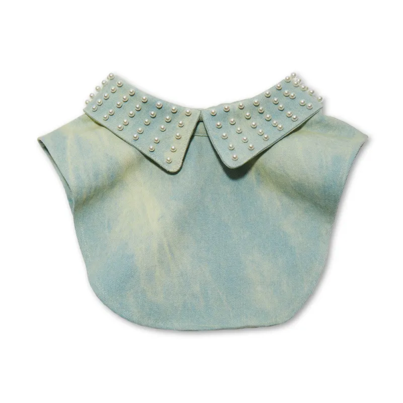 FADED DENIM PEARL EMBELLISHED COLLAR sold by Lele Sadoughi