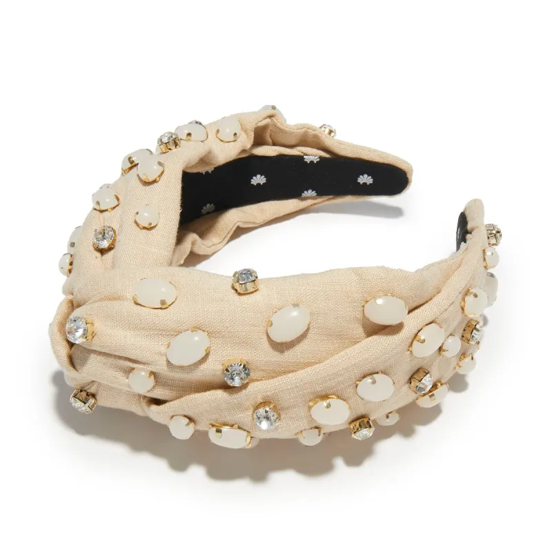 OPAL BISQUE LINEN EMBELLISHED GRETA HEADBAND sold by Lele Sadoughi