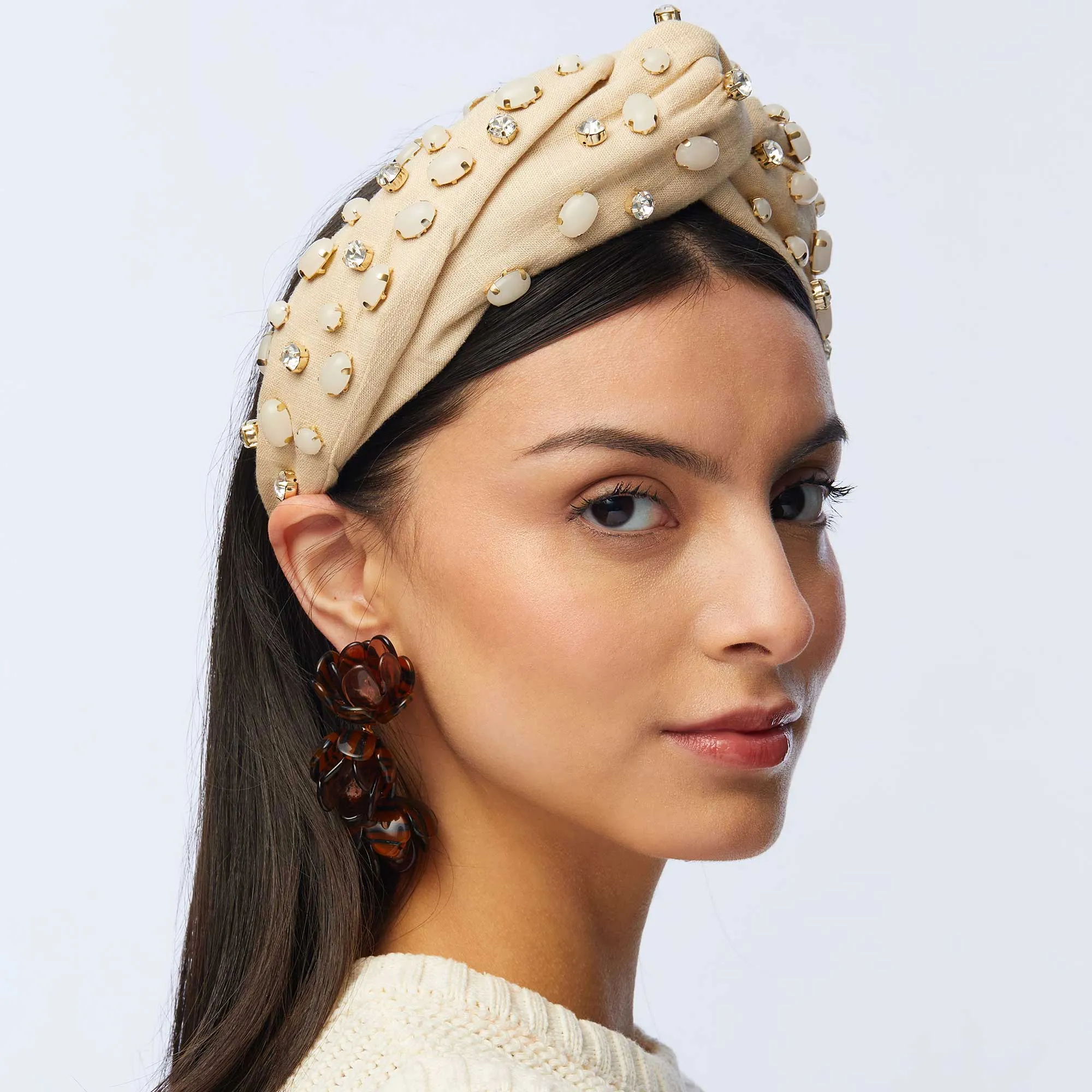 OPAL BISQUE LINEN EMBELLISHED GRETA HEADBAND sold by Lele Sadoughi product image thumbnail 2