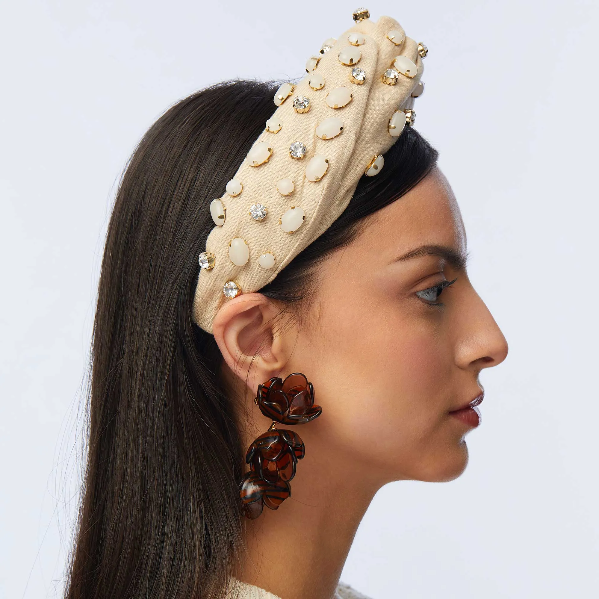 OPAL BISQUE LINEN EMBELLISHED GRETA HEADBAND sold by Lele Sadoughi product image thumbnail 4