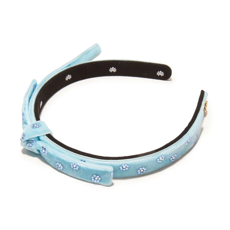 LAKE BLUE EMBELLISHED BARDOT SLIM RIBBON HEADBAND sold by Lele Sadoughi