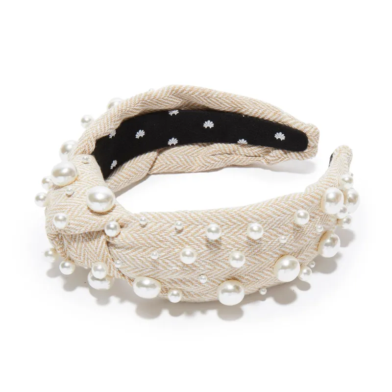KHAKI TWEED MIXED PEARL KNOTTED HEADBAND sold by Lele Sadoughi