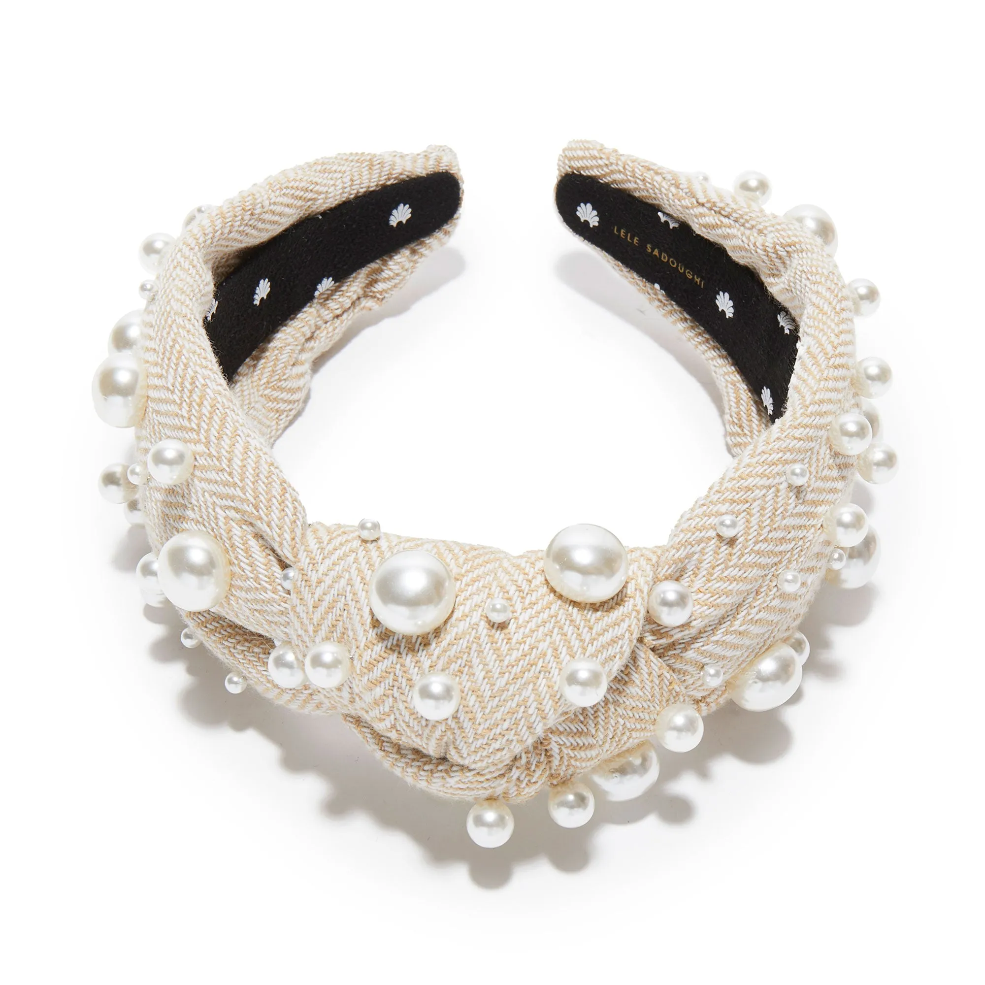 KHAKI TWEED MIXED PEARL KNOTTED HEADBAND sold by Lele Sadoughi product image thumbnail 3