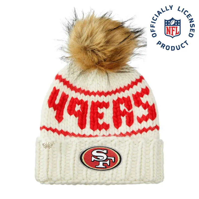 SF 49ERS LELE SADOUGHI X NFL WHITE BEANIE FAUX FUR POM sold by Lele Sadoughi