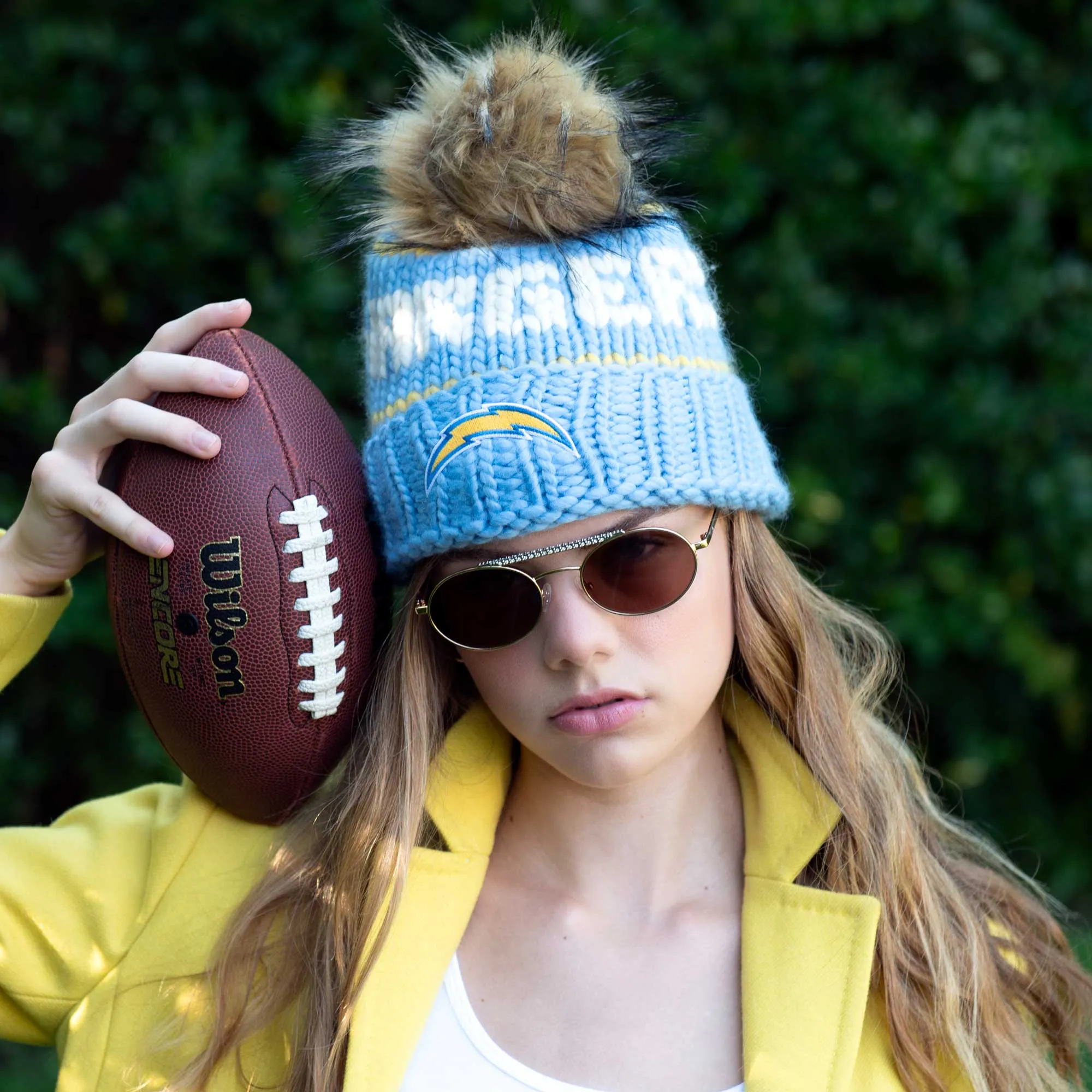 LA CHARGERS LELE SADOUGHI X NFL SKY BEANIE FAUX FUR POM sold by Lele Sadoughi product image thumbnail 3