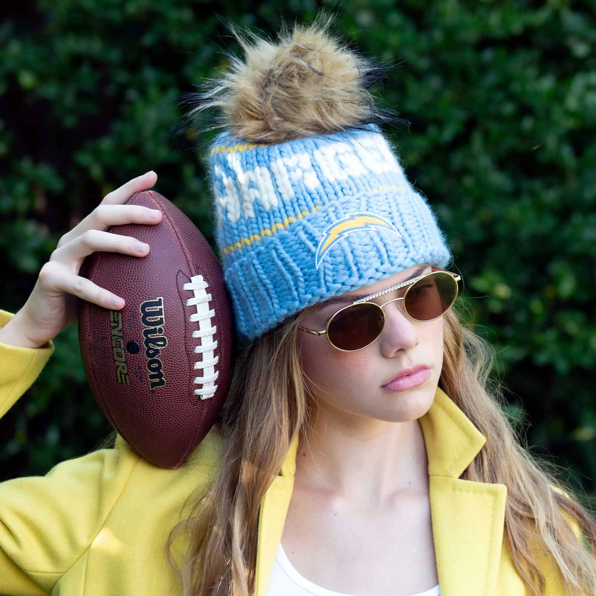 LA CHARGERS LELE SADOUGHI X NFL SKY BEANIE FAUX FUR POM sold by Lele Sadoughi product image thumbnail 2