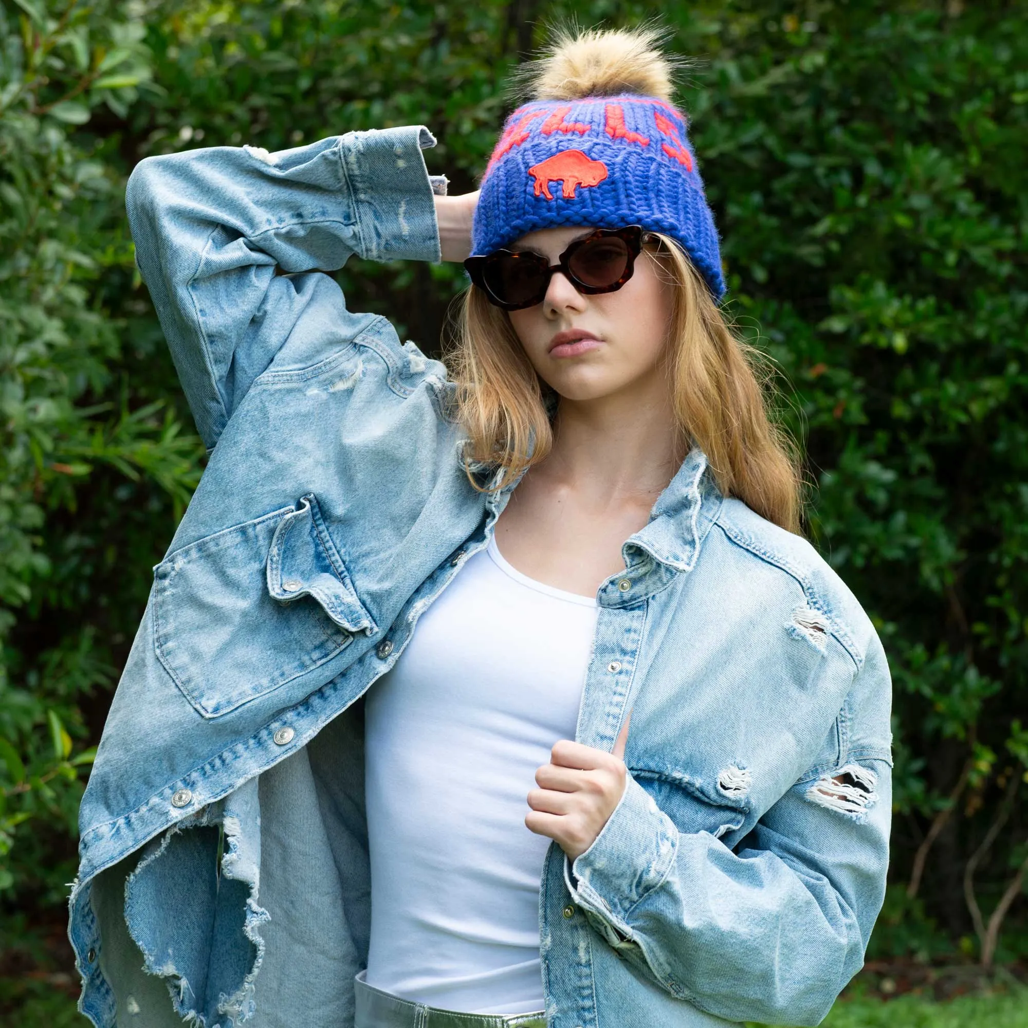 BUFFALO BILLS LELE SADOUGHI X NFL RETRO ROYAL BLUE BEANIE FAUX FUR POM sold by Lele Sadoughi product image thumbnail 2