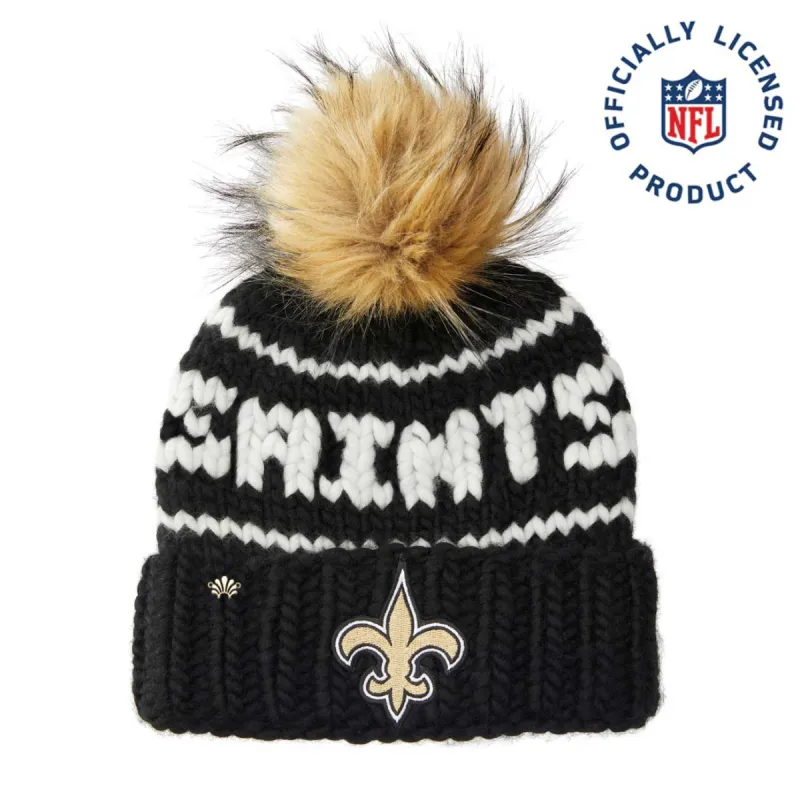 NEW ORLEANS SAINTS LELE SADOUGHI X NFL BLACK BEANIE FAUX FUR POM sold by Lele Sadoughi