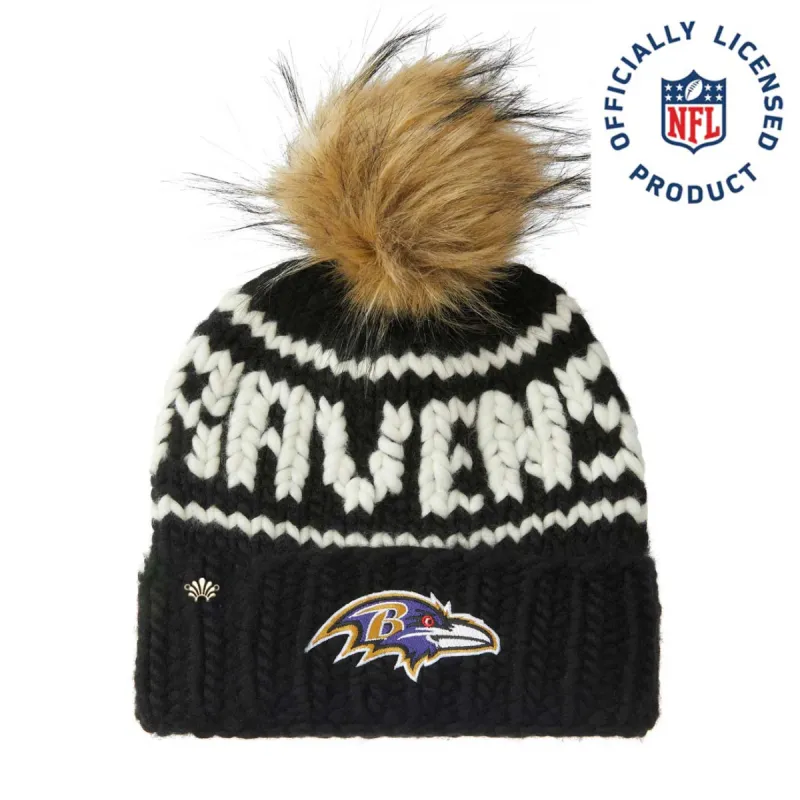 BALTIMORE RAVENS LELE SADOUGHI X NFL BLACK BEANIE FAUX FUR POM sold by Lele Sadoughi