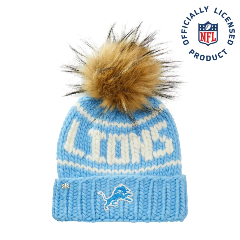 DETROIT LIONS LELE SADOUGHI X NFL SKY BLUE BEANIE FAUX FUR POM sold by Lele Sadoughi